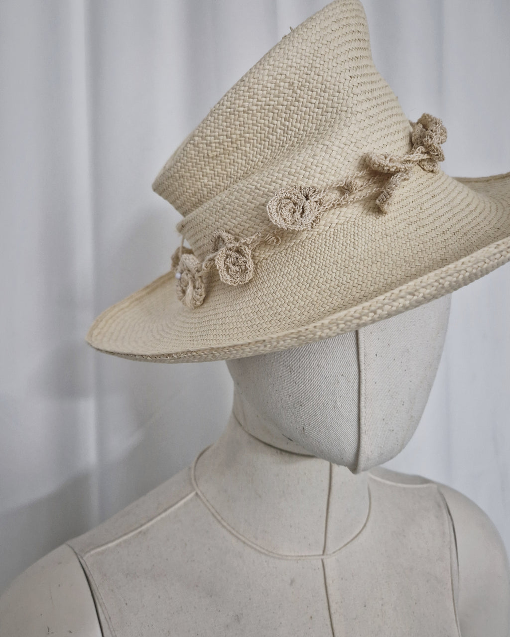 Asymmetric Toquilla Straw Hat with handcrafted Agave rope crochet detail