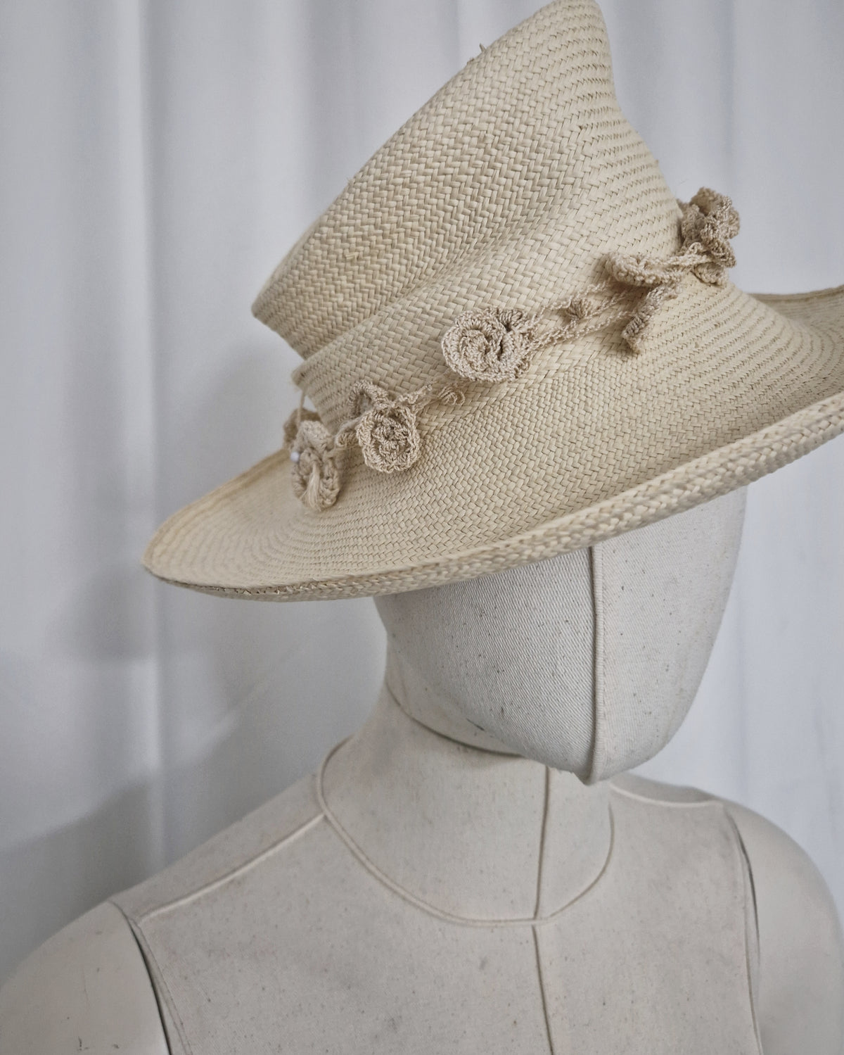 Asymmetric Toquilla Straw Hat with handcrafted Agave rope crochet detail