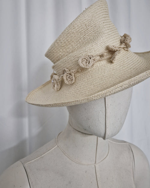 Asymmetric Toquilla Straw Hat with handcrafted Agave rope crochet detail