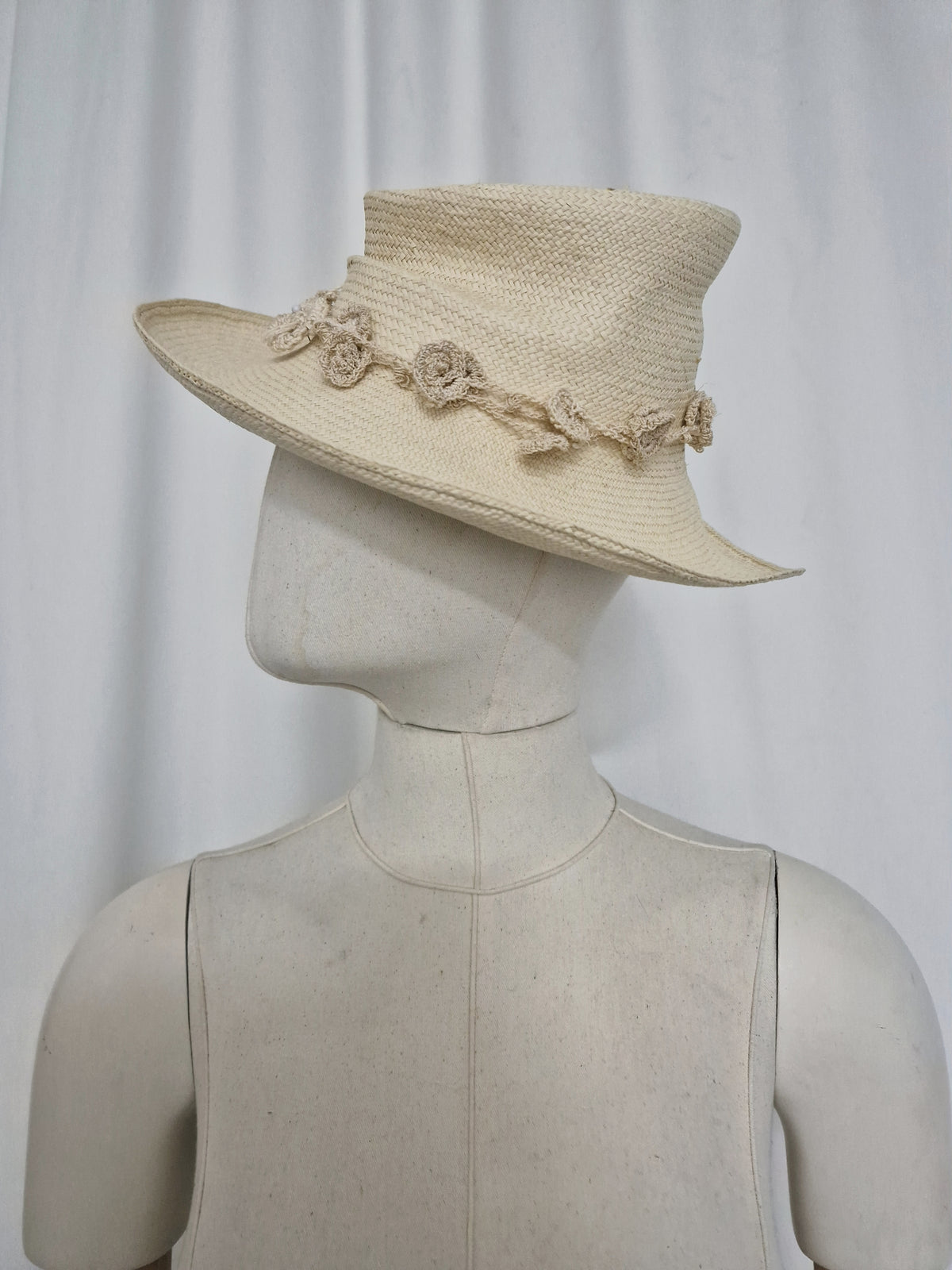 Asymmetric Toquilla Straw Hat with handcrafted Agave rope crochet detail